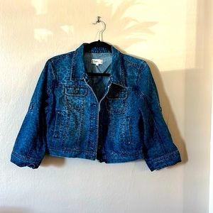 Ci Sono by Cavalini Ceopped 3/4 Sleeve Jean Jacket Subtle Leopard Print Blue L